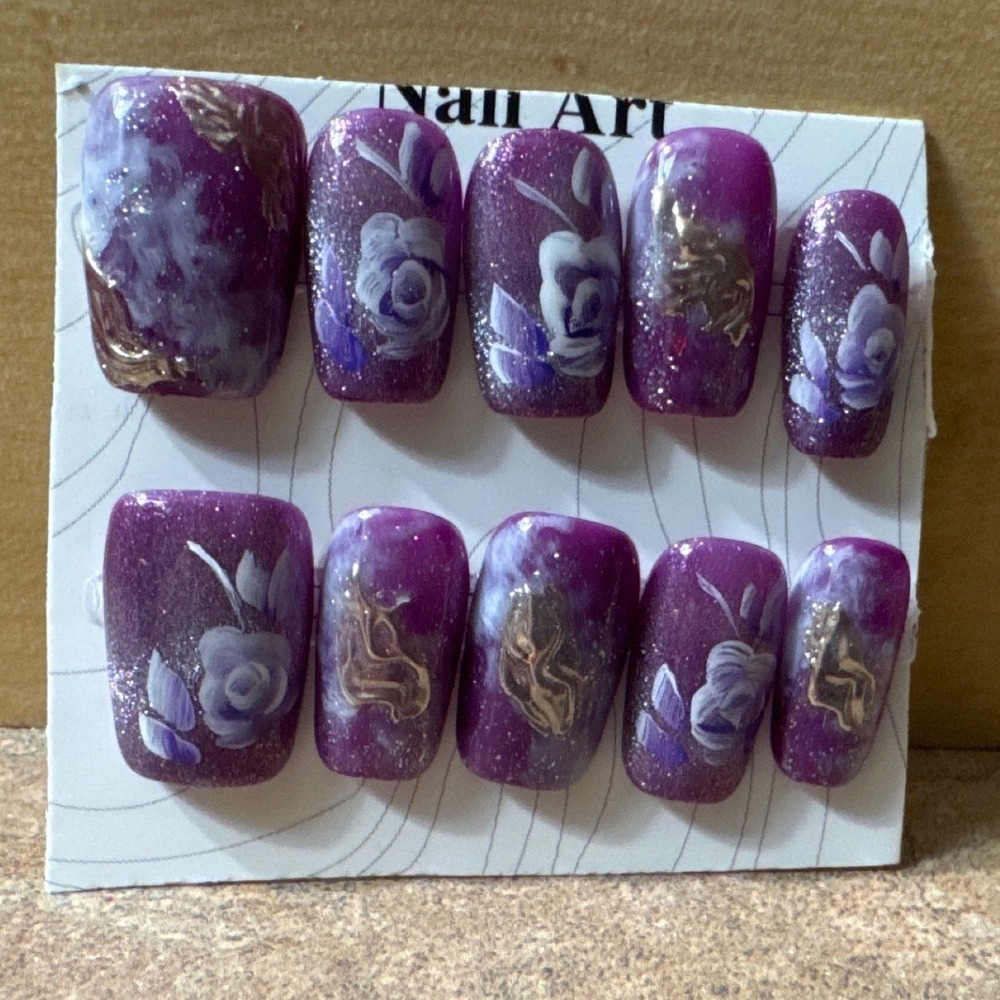 Purple Floral Press On Nails Hand Painted Gold Foil Glitter Square False‎ Nails